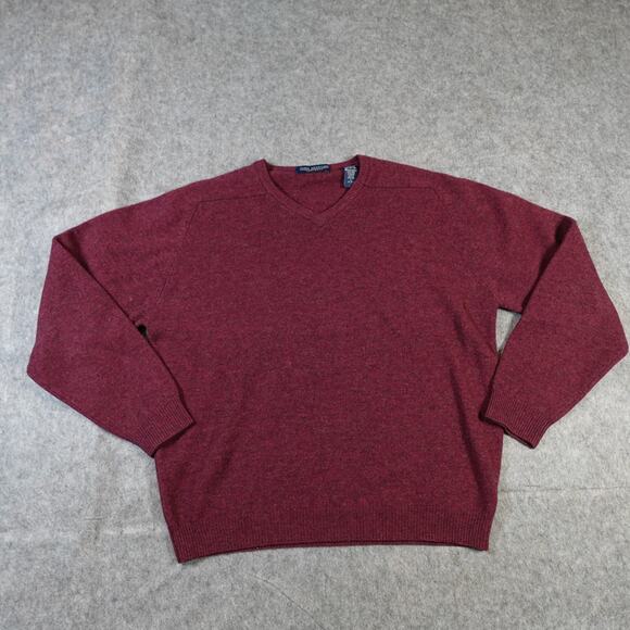 Vintage John Ashford Sweater Mens Large Pure Wool V-Neck Burgundy Knit Pullover - Picture 1 of 8